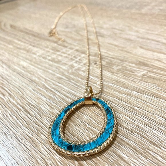 Vegan Leather Blue Snakeskin Gold Bead Chain Pendant Necklace - Picture 6 of 7